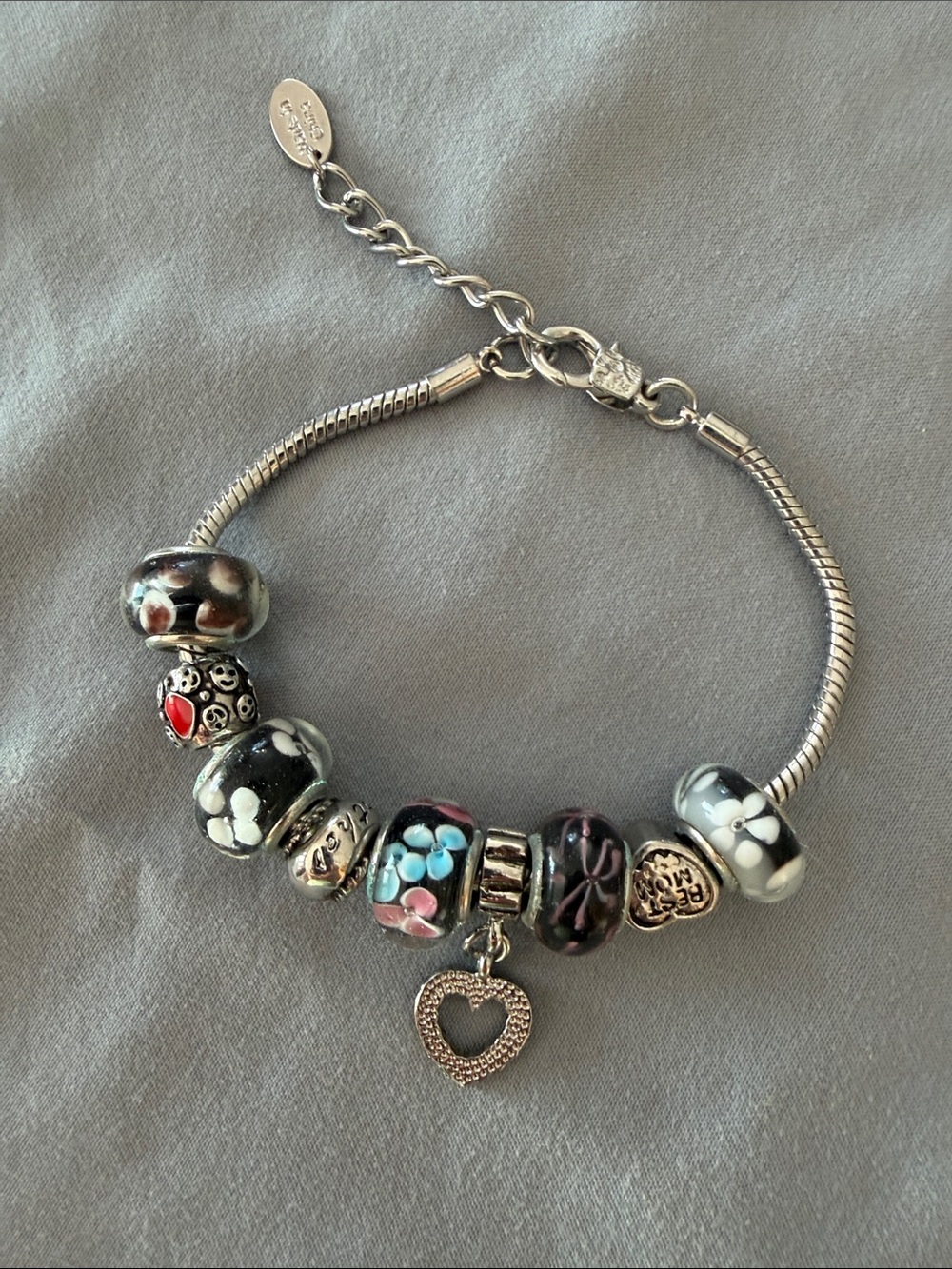 Sterling-Style Black Floral Bead Charm Bracelet with Heart Dangle